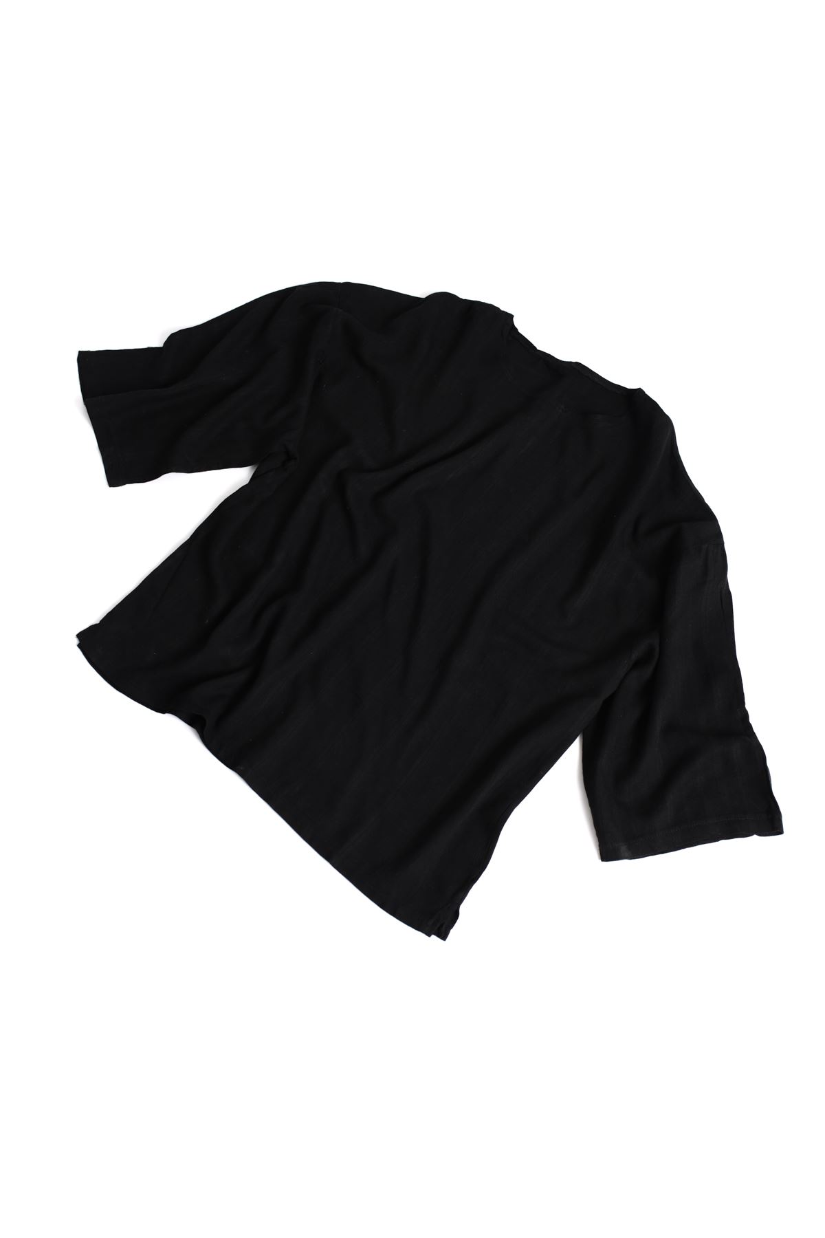 Santurino Siyah Fakir Kol Oversize Viskon Keten T-Shirt