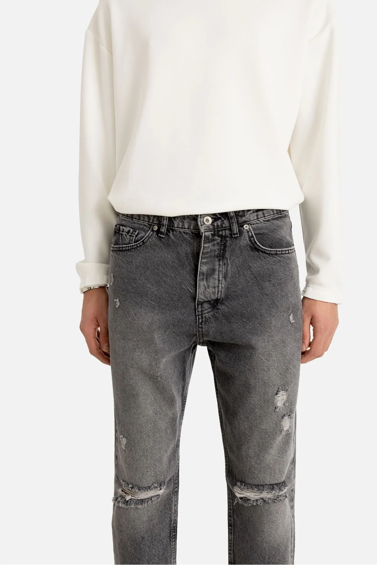 York Gri Yırtıklı Boyfriend Denim Erkek Pantolon