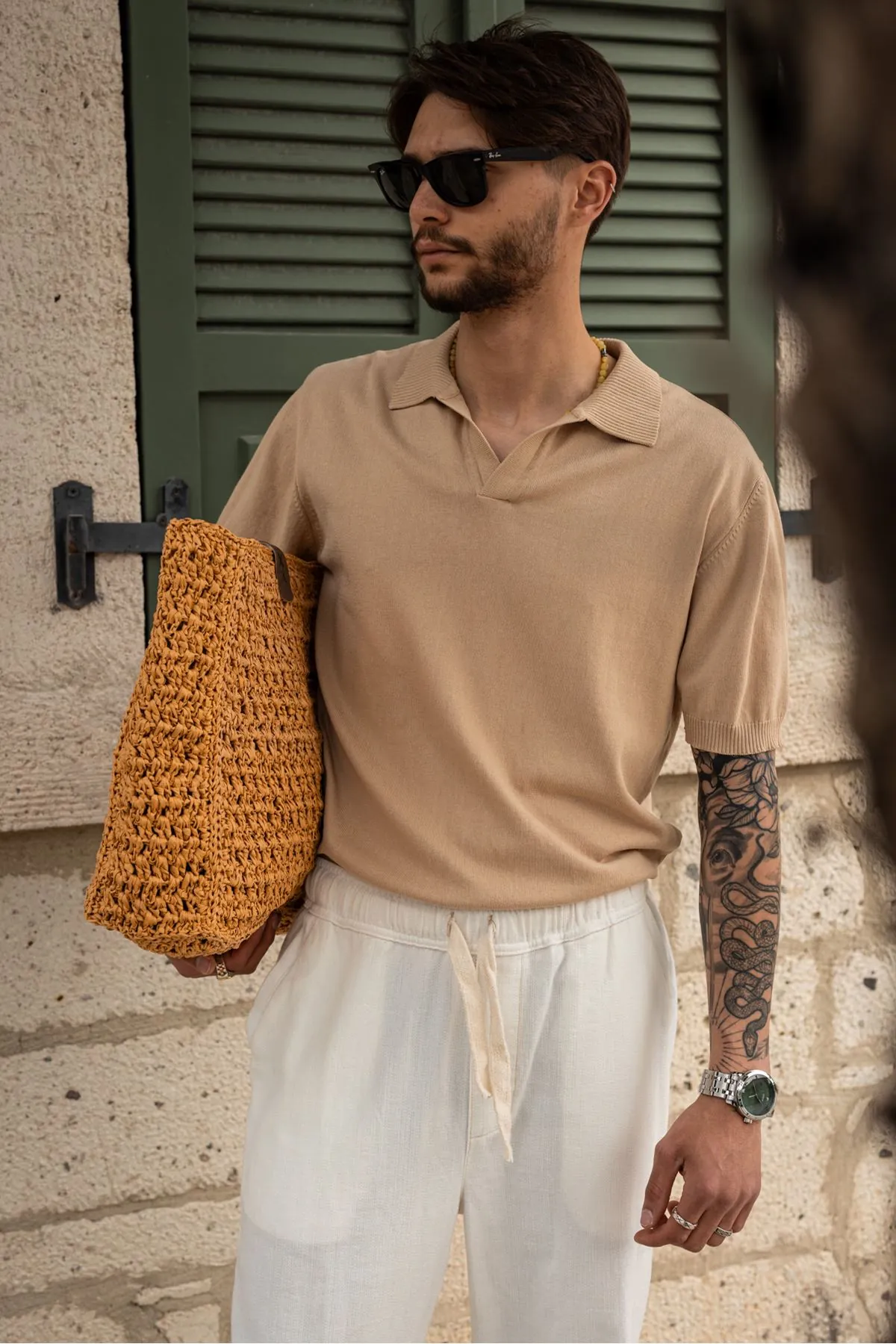 Alten Bej Polo Yaka %100 Pamuk Triko Erkek Tshirt