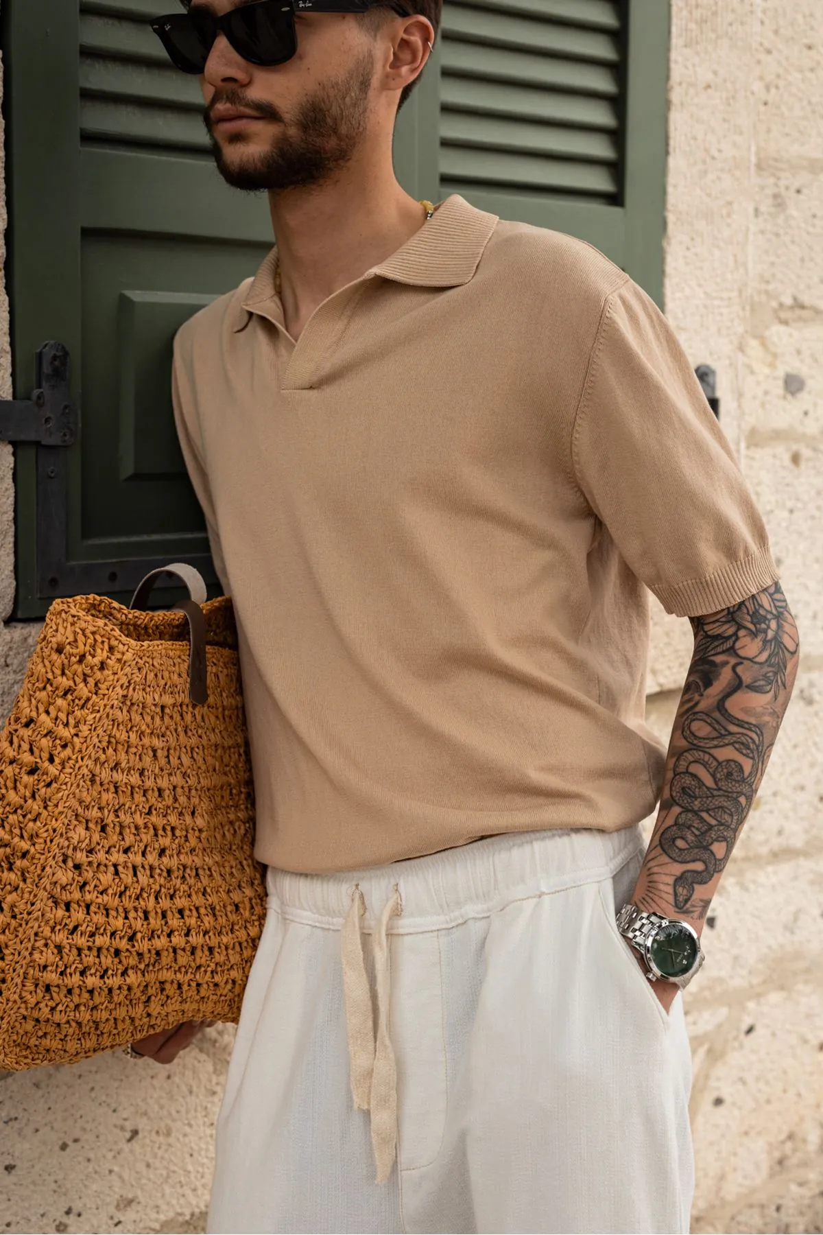 Alten Bej Polo Yaka %100 Pamuk Triko Erkek Tshirt
