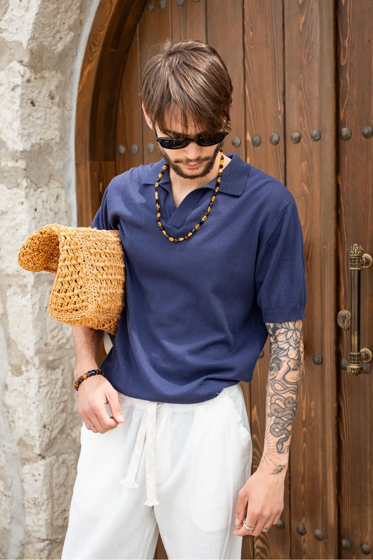 Alten Lacivert Polo Yaka %100 Pamuk Triko Erkek Tshirt