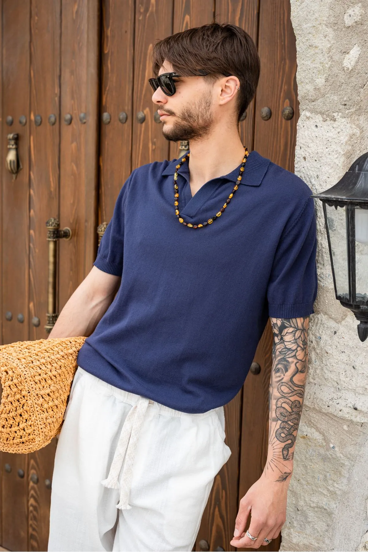Alten Lacivert Polo Yaka %100 Pamuk Triko Erkek Tshirt