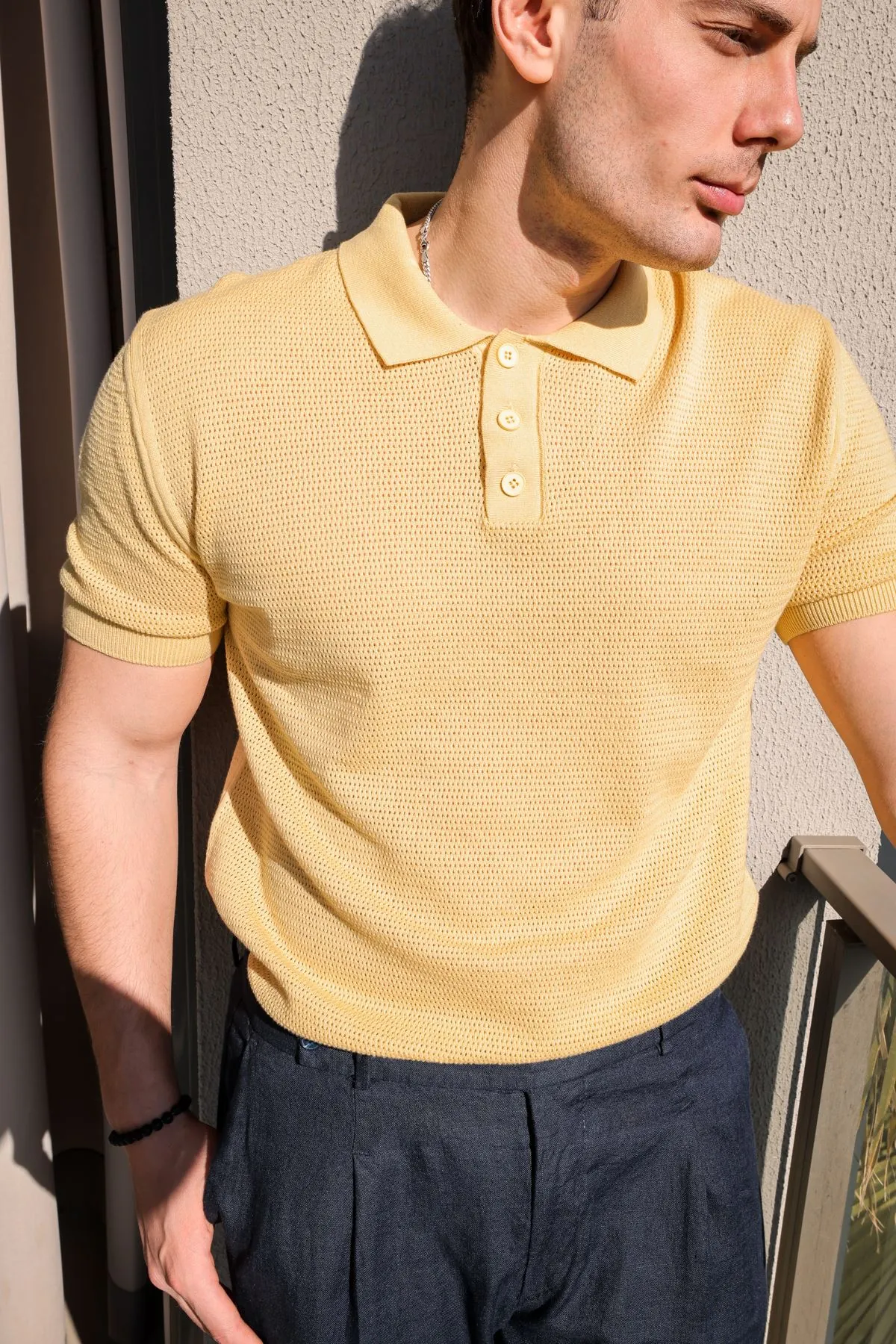Rimo Sarı Düğmeli Triko Erkek Tshirt