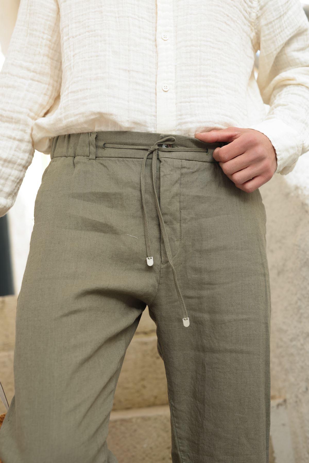 Sardis Haki %100 Keten Pantolon
