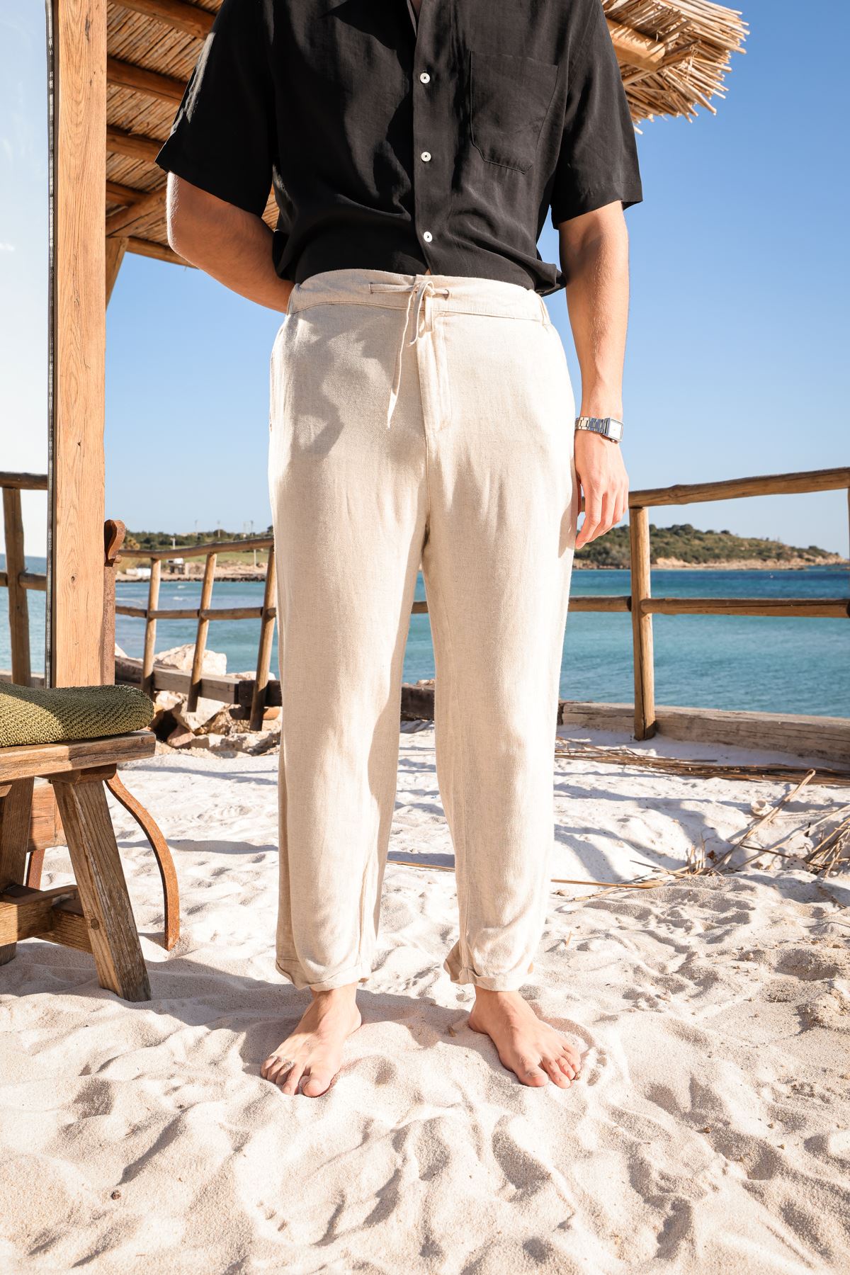 Santurino Duble Paça Bej Keten Pantolon