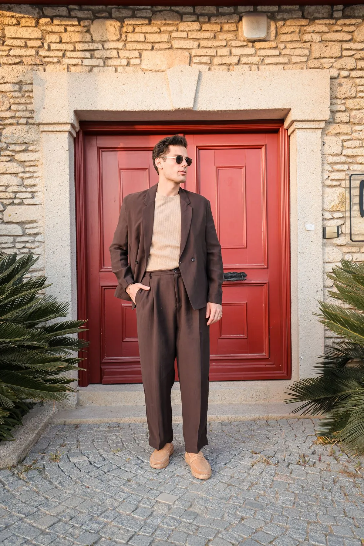 Lucia Kahve Regular Fit Erkek Ceket ve Baggy Erkek Pantolon Takımı
