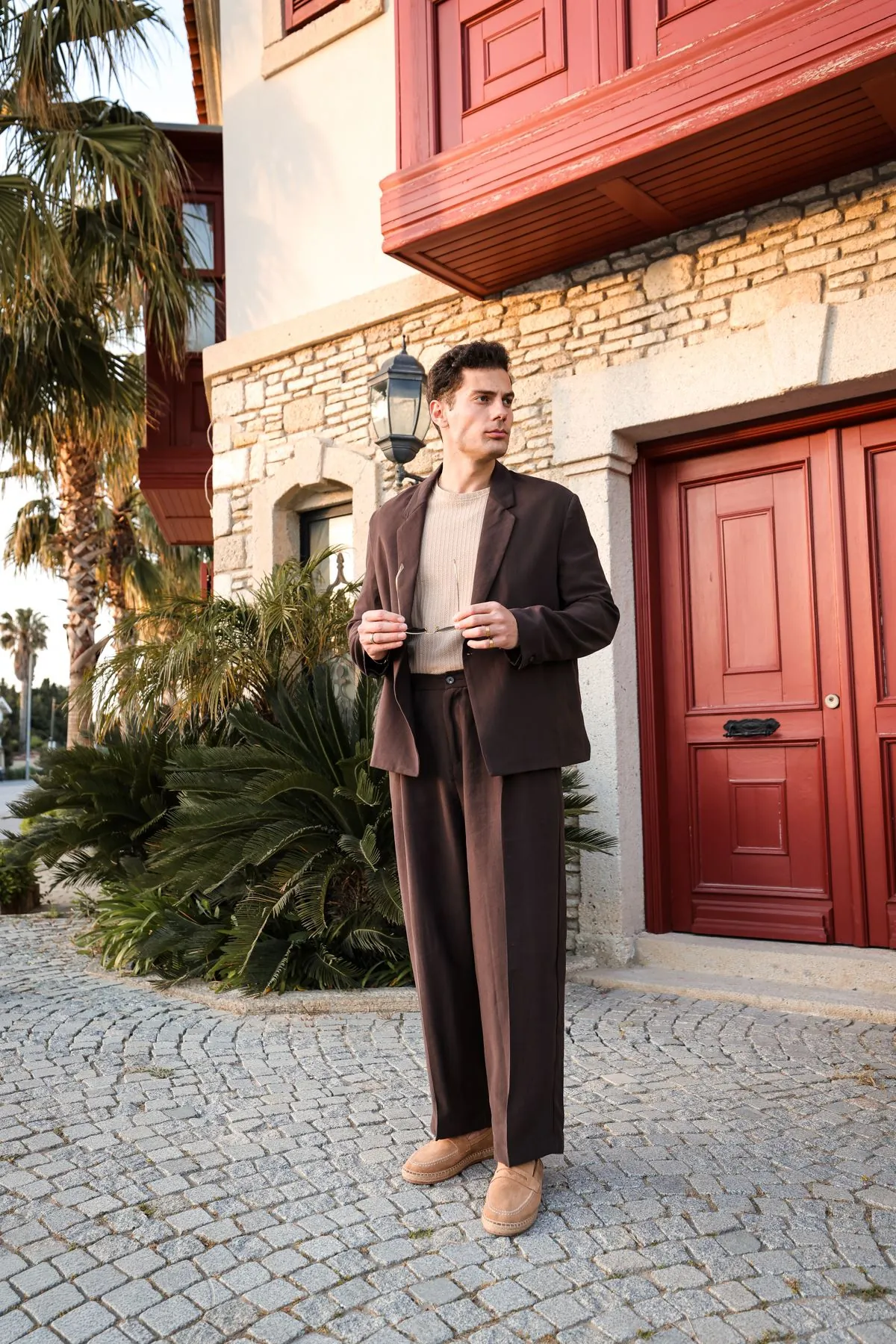 Lucia Kahve Regular Fit Erkek Ceket ve Baggy Erkek Pantolon Takımı