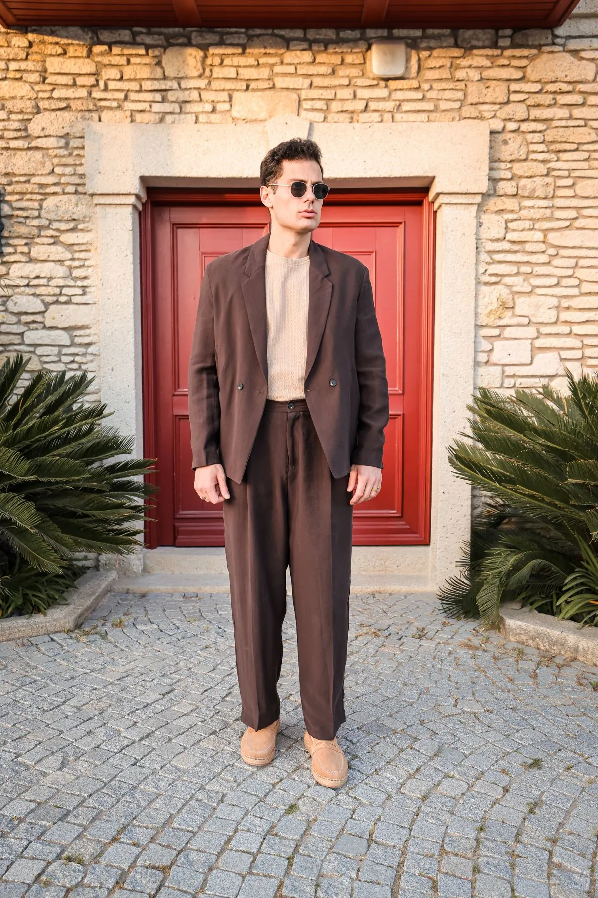 Lucia Kahve Regular Fit Erkek Ceket ve Baggy Erkek Pantolon Takımı