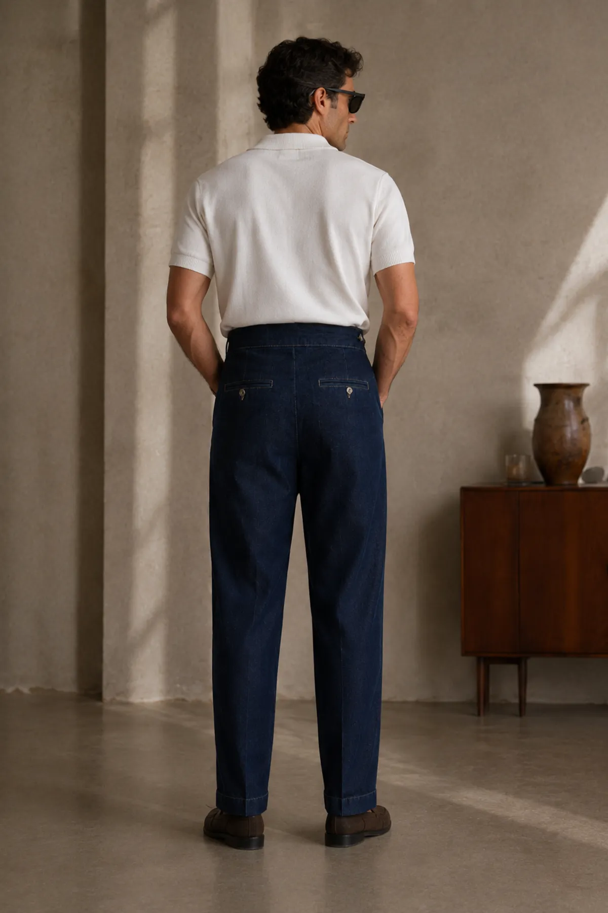 Lecce Lüks İtalyan %100 Pamuk Koyu Mavi Denim Erkek Kot Pantolon