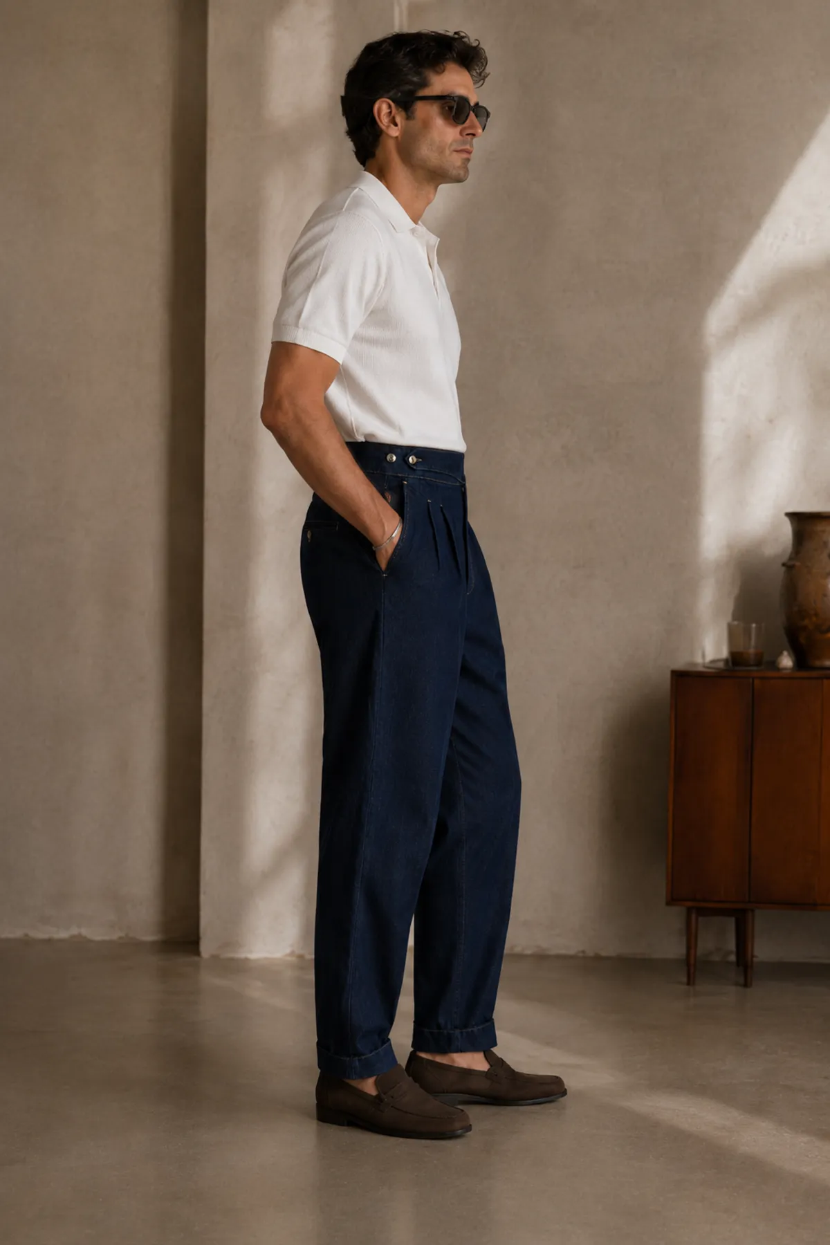 Lecce Lüks İtalyan %100 Pamuk Koyu Mavi Denim Erkek Kot Pantolon