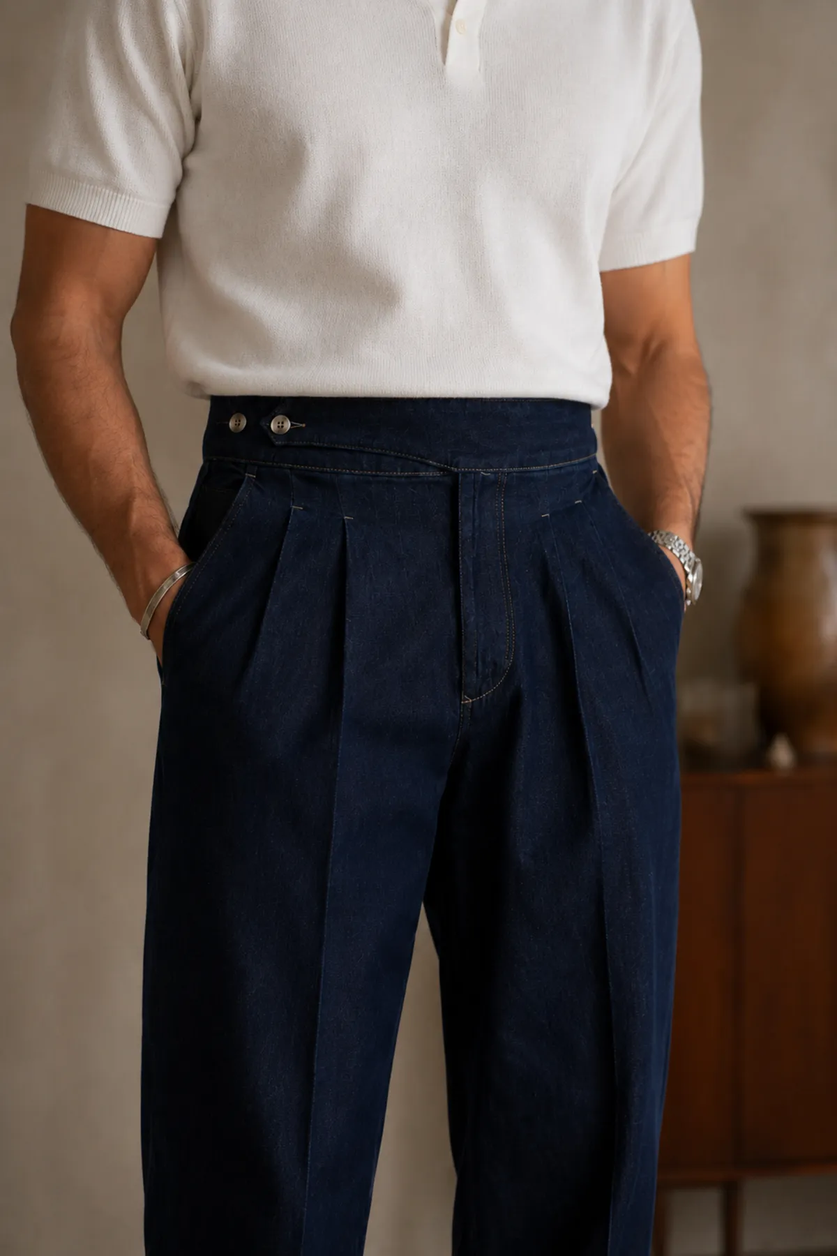 Lecce Lüks İtalyan %100 Pamuk Koyu Mavi Denim Erkek Kot Pantolon