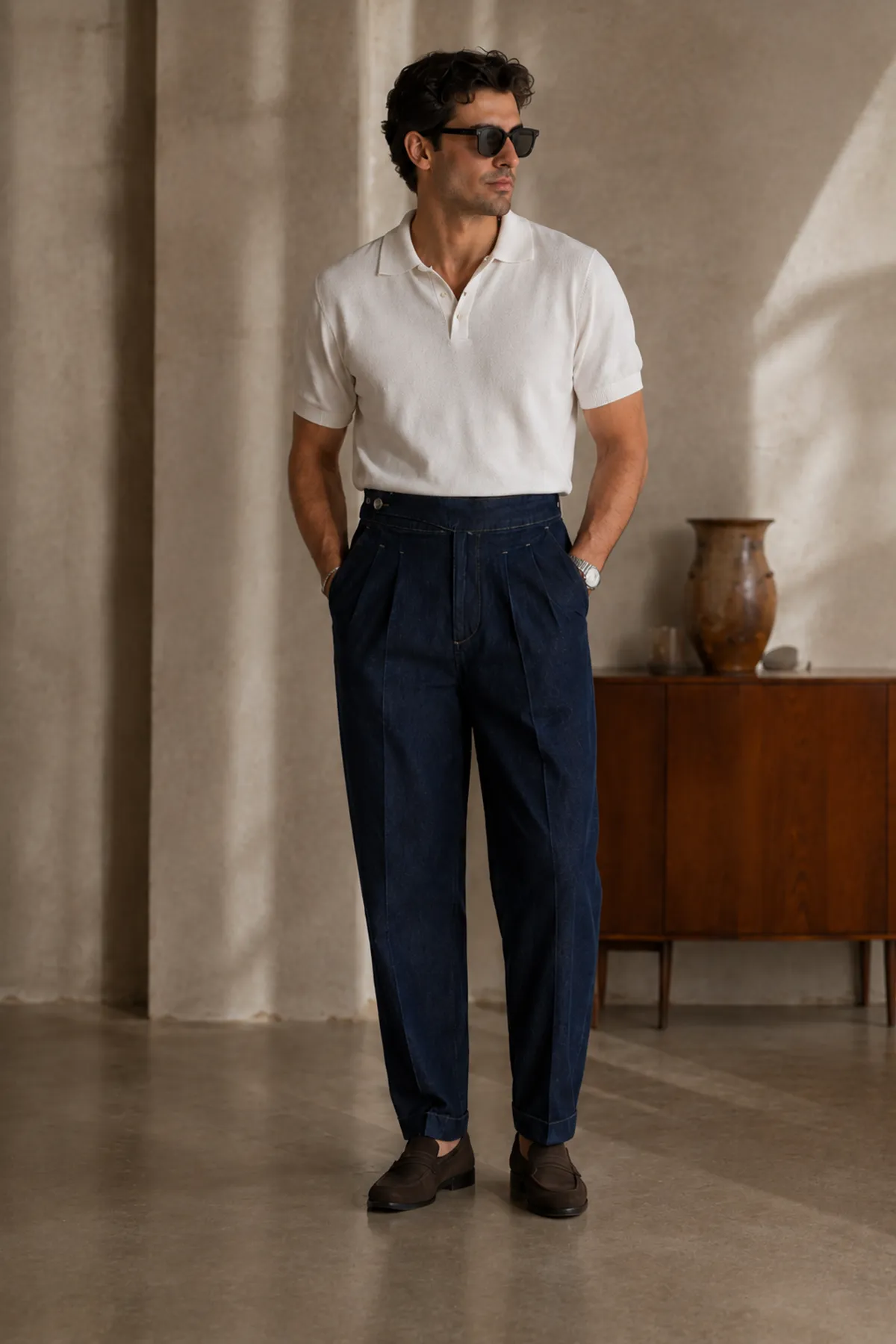 Lecce Lüks İtalyan %100 Pamuk Koyu Mavi Denim Erkek Kot Pantolon