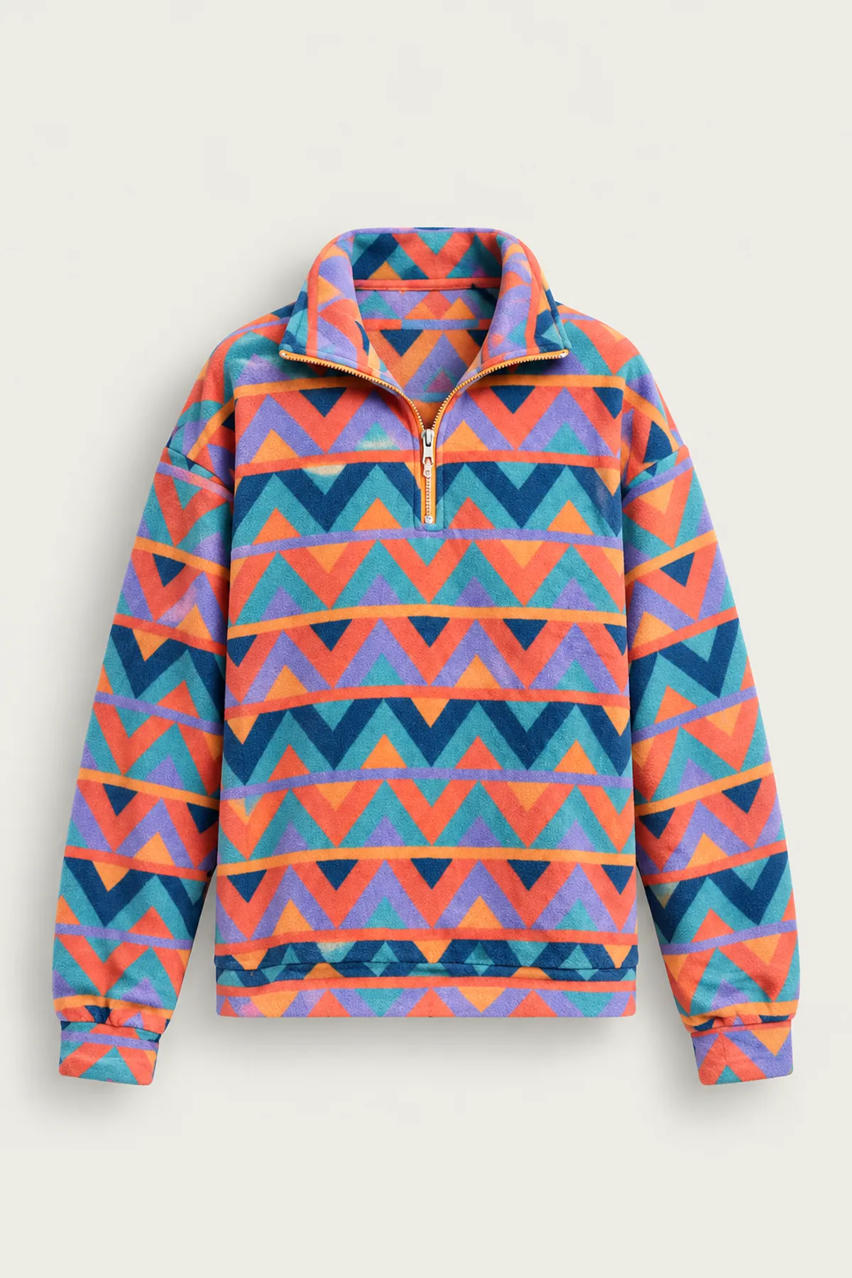 Vorn - Turuncu - Etnik Desenli - Fermuarlı Yakalı - Polar Erkek Sweatshirt