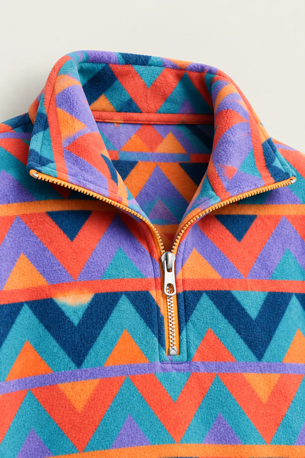 Vorn - Turuncu - Etnik Desenli - Fermuarlı Yakalı - Polar Erkek Sweatshirt