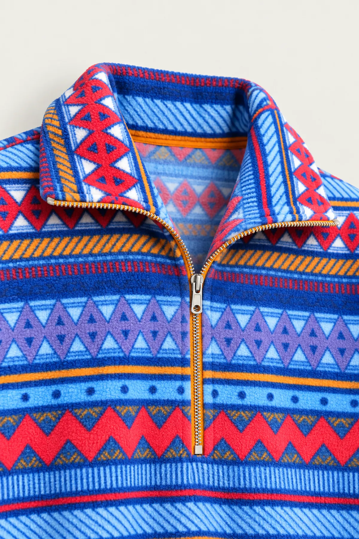 Vorn - Mavi - Etnik Desenli - Fermuarlı Yakalı - Polar Erkek Sweatshirt