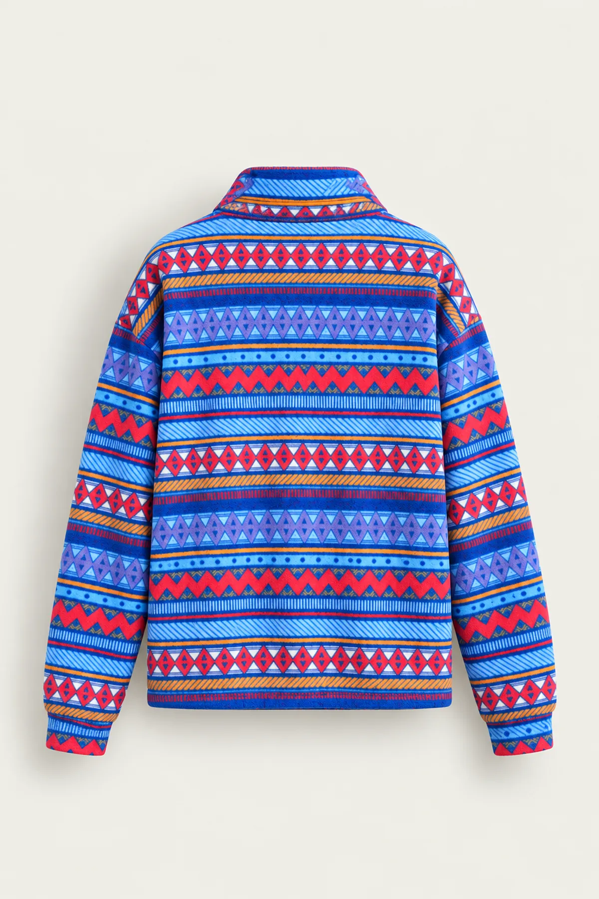 Vorn - Mavi - Etnik Desenli - Fermuarlı Yakalı - Polar Erkek Sweatshirt