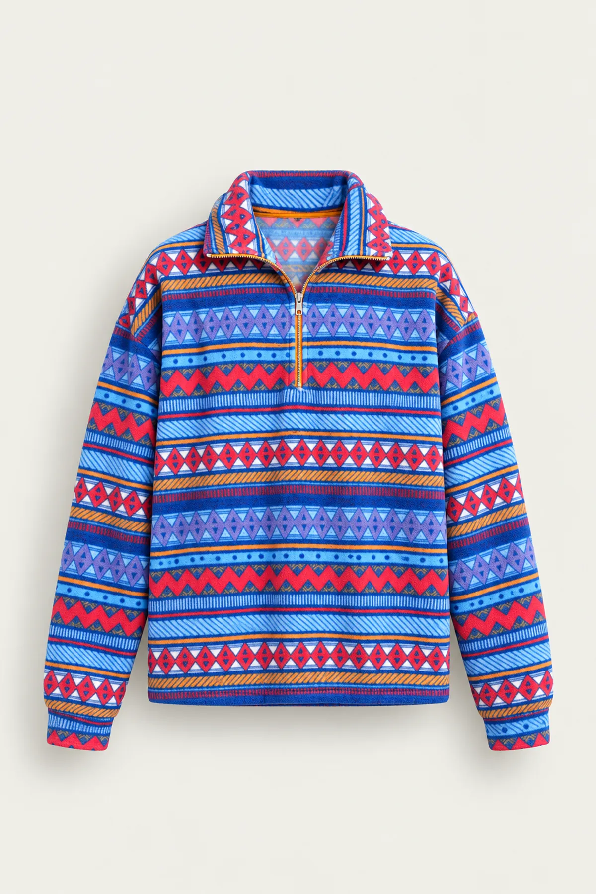 Vorn - Mavi - Etnik Desenli - Fermuarlı Yakalı - Polar Erkek Sweatshirt