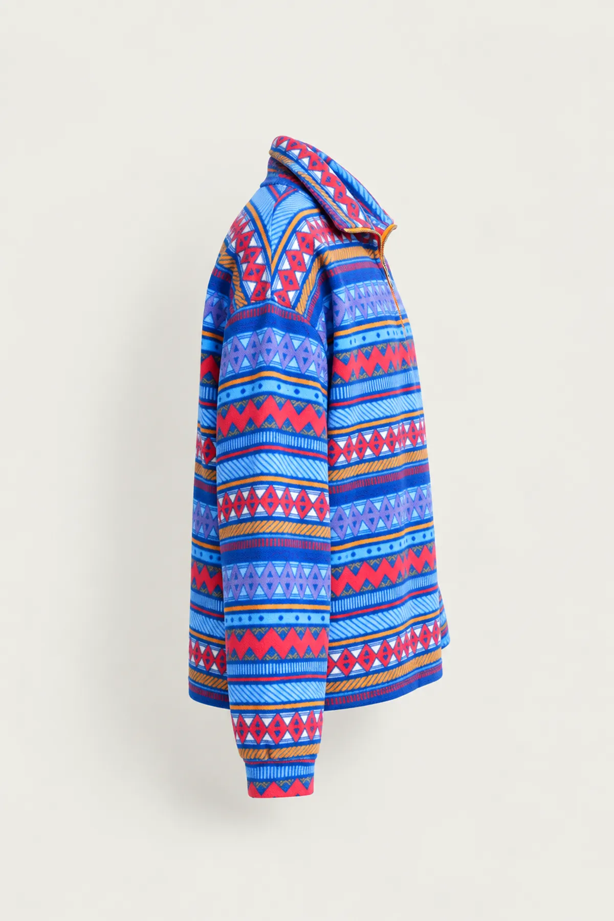 Vorn - Mavi - Etnik Desenli - Fermuarlı Yakalı - Polar Erkek Sweatshirt