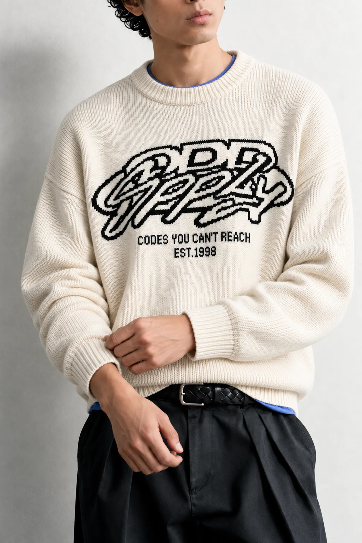 Supply - Beyaz - Oversize Fit Bisiklet Yaka - Erkek Kazak