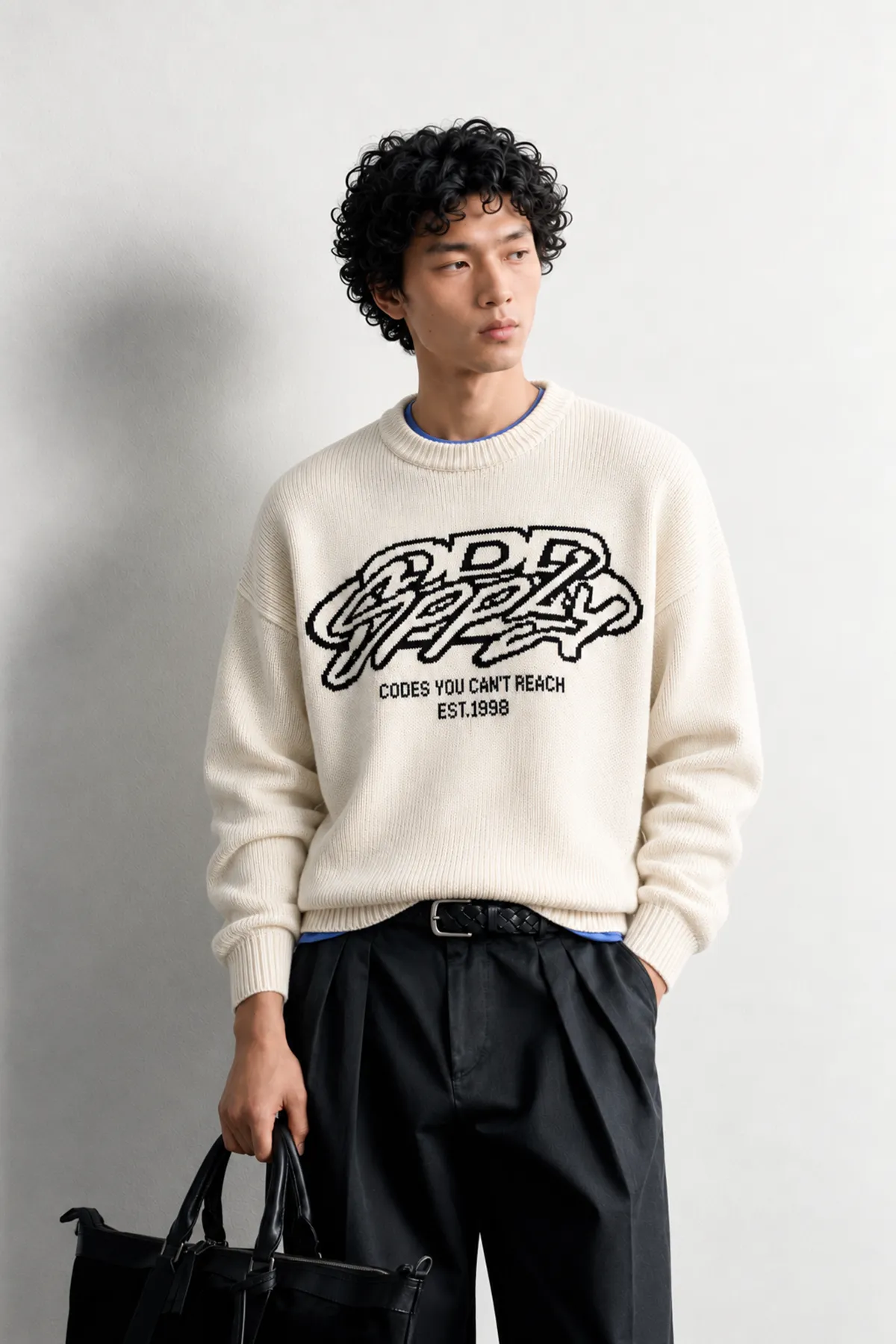 Supply - Beyaz - Oversize Fit Bisiklet Yaka - Erkek Kazak