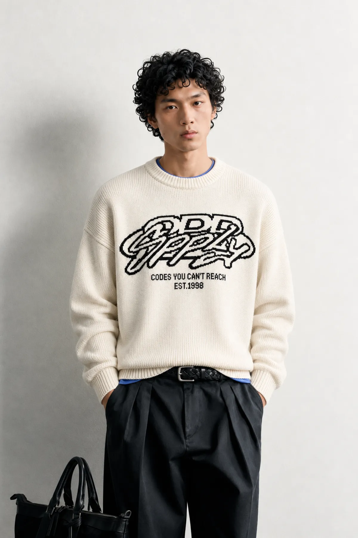 Supply - Beyaz - Oversize Fit Bisiklet Yaka - Erkek Kazak
