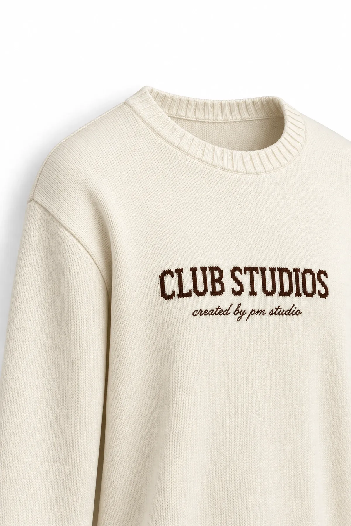 Club Studios - Beyaz - Boxy Fit Bisiklet Yaka - Erkek Kazak