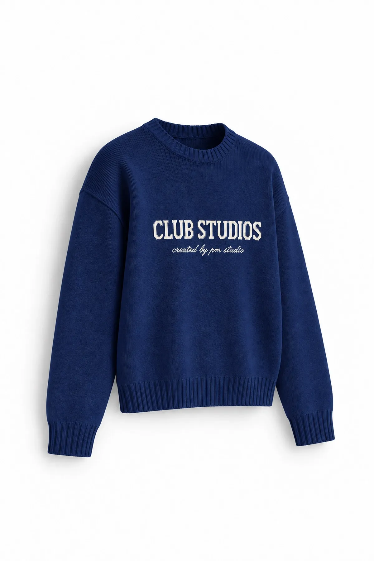Club Studios - Mavi - Boxy Fit Bisiklet Yaka - Erkek Kazak