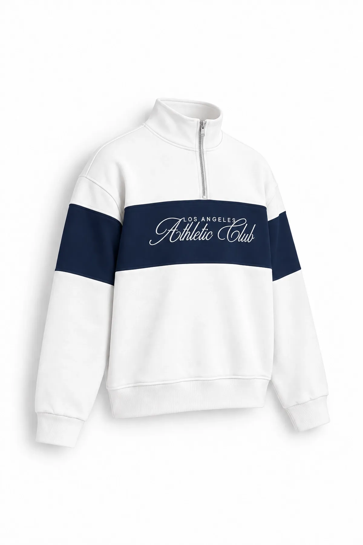 Los Angeles - Beyaz - Boxy Fit Fermuarlı Yaka - Pamuklu Erkek Sweatshirt