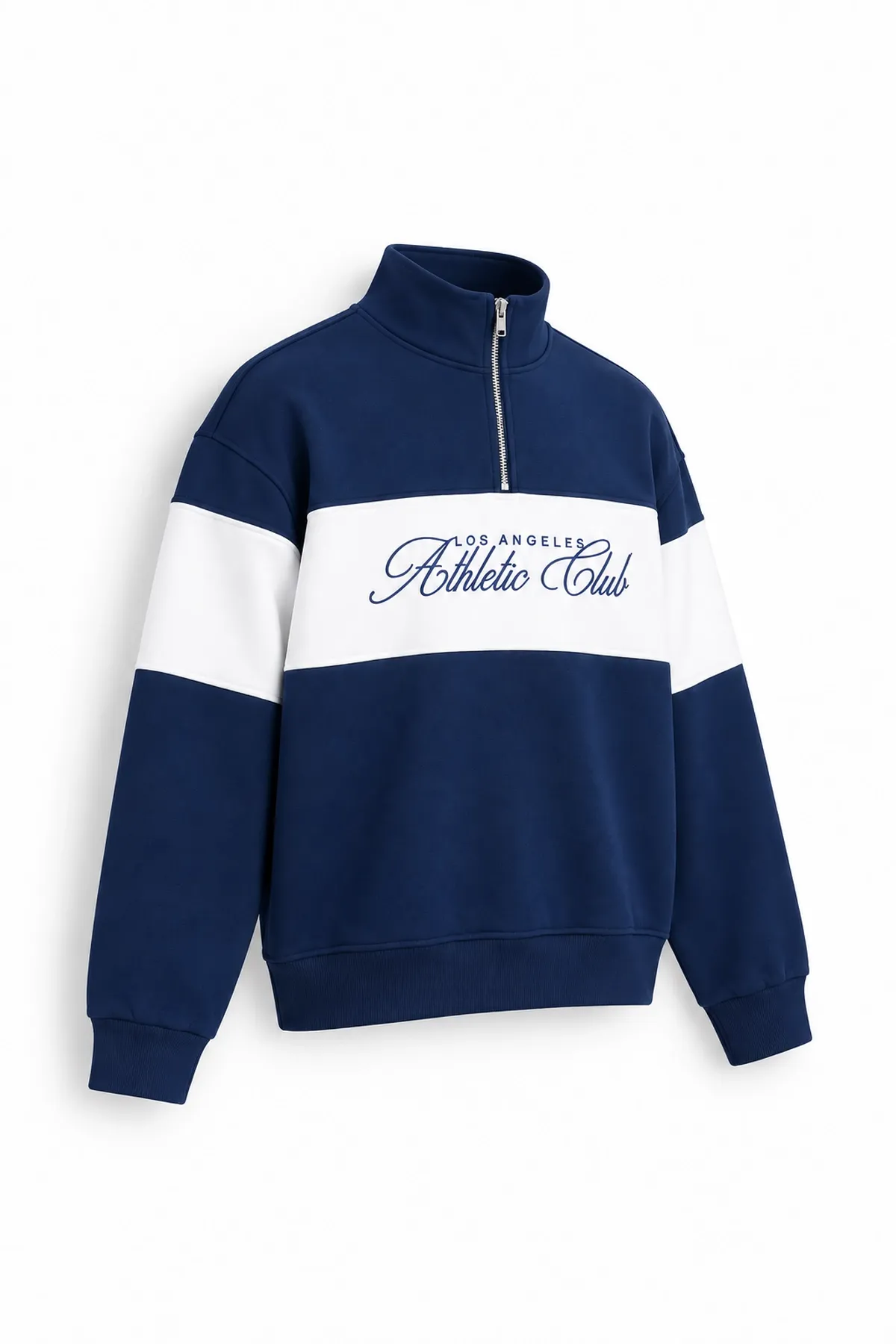 Los Angeles - Mavi - Boxy Fit Fermuarlı Yaka - Pamuklu Erkek Sweatshirt