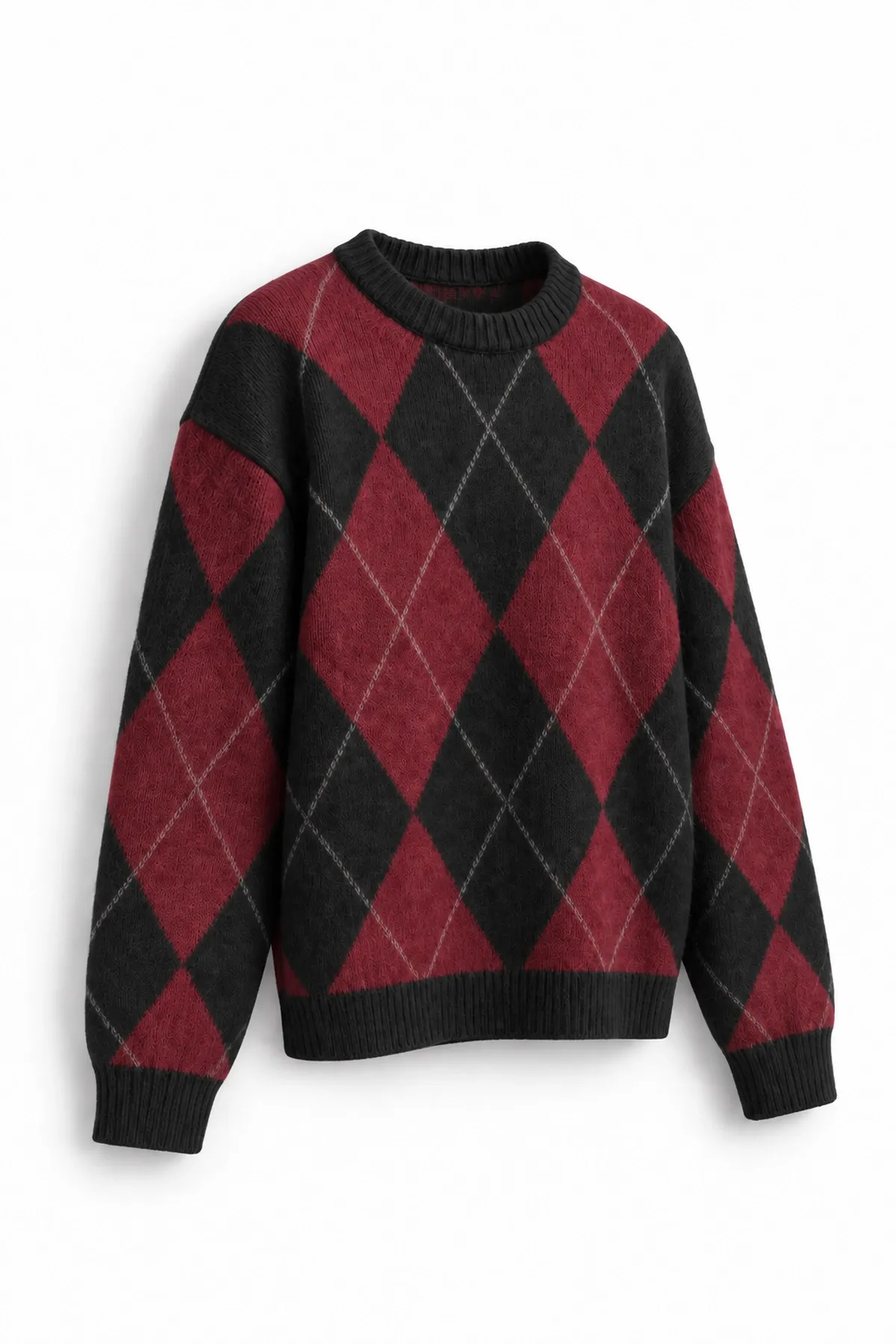 Nash - Bordo - Baklava Desenli Bisiklet Yaka - Oversize Fit - Pamuklu Erkek Kazak