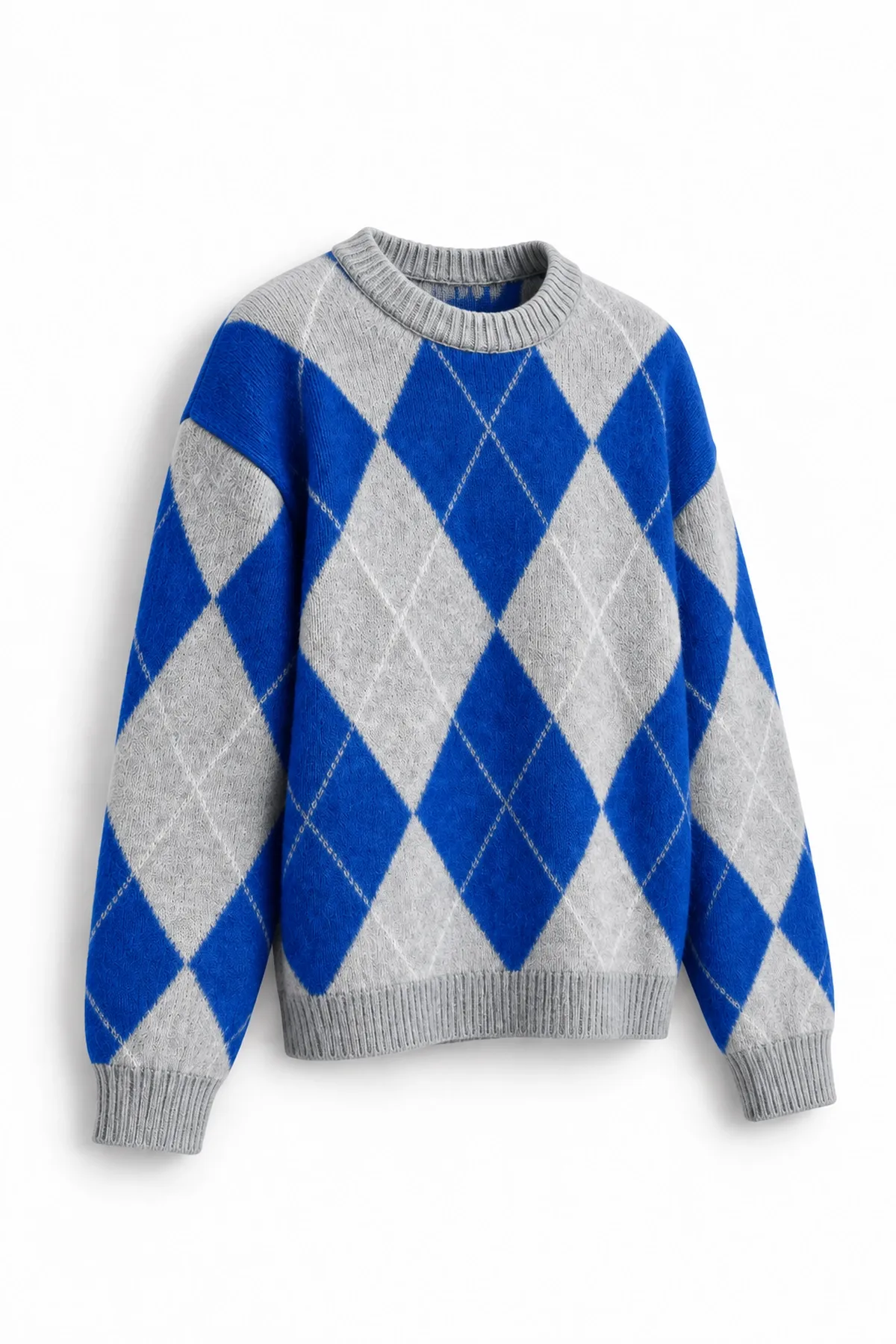 Nash - Mavi - Baklava Desenli Bisiklet Yaka - Oversize Fit - Pamuklu Erkek Kazak