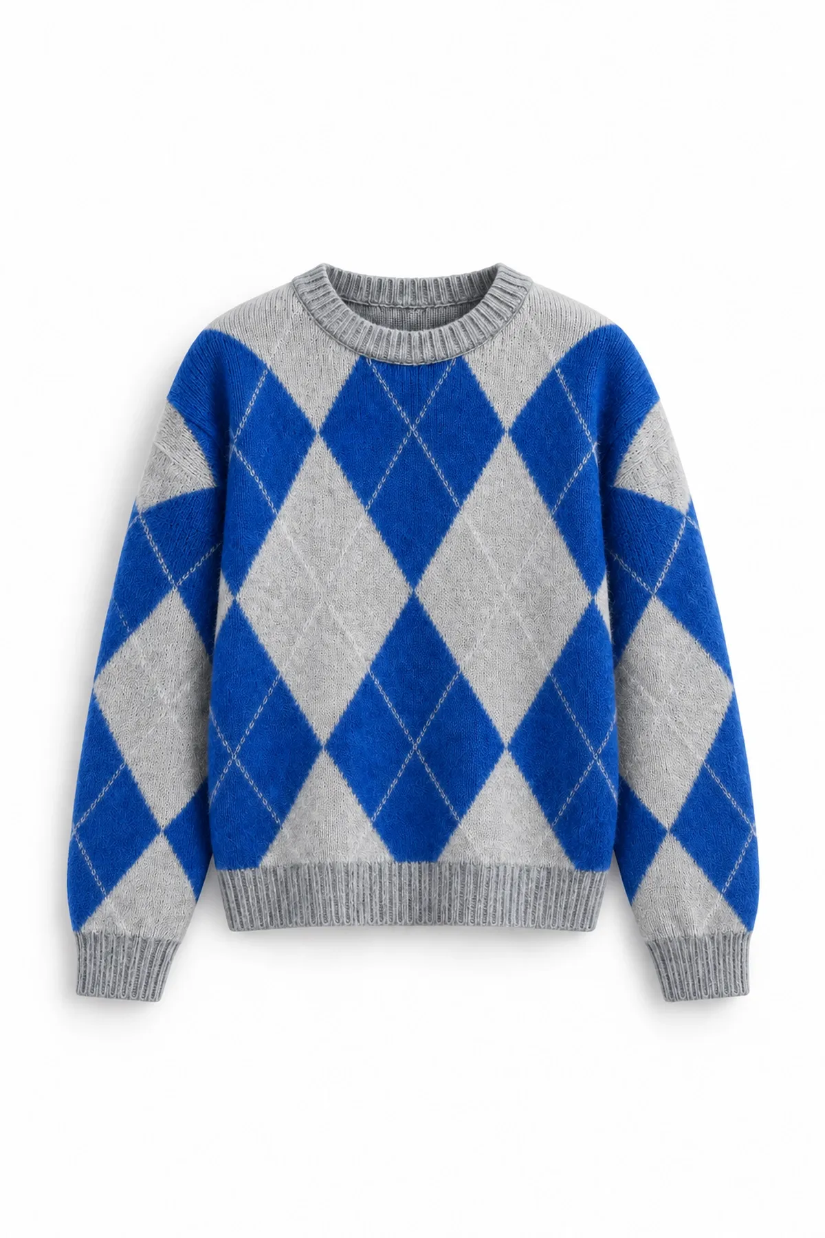 Nash - Mavi - Baklava Desenli Bisiklet Yaka - Oversize Fit - Pamuklu Erkek Kazak