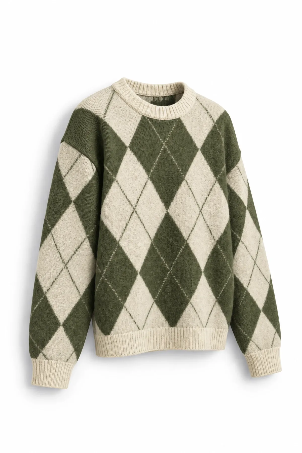 Nash - Haki - Baklava Desenli Bisiklet Yaka - Oversize Fit - Pamuklu Erkek Kazak