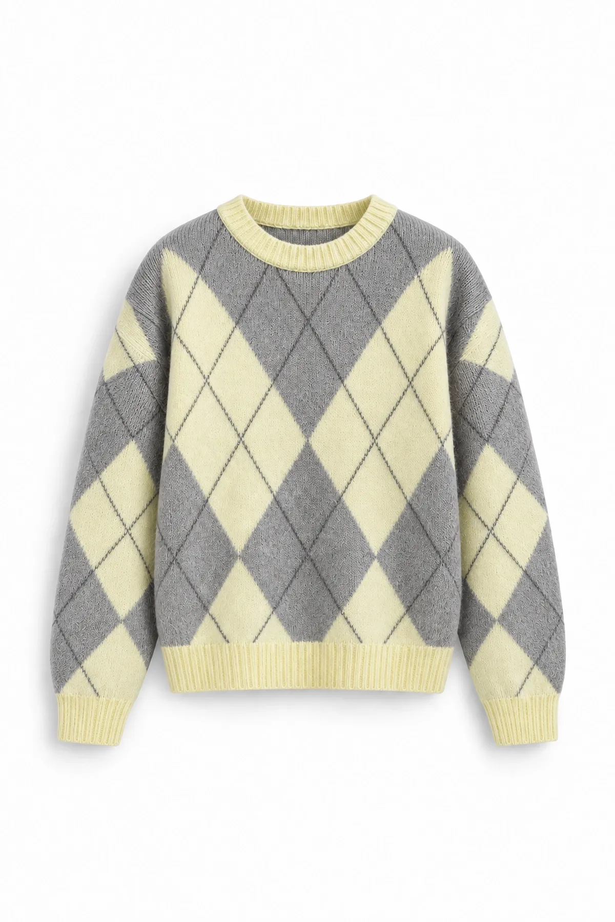 Nash - Gri - Baklava Desenli Bisiklet Yaka - Oversize Fit - Pamuklu Erkek Kazak