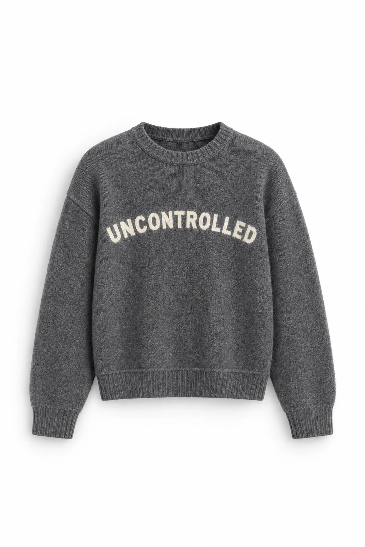 Uncontrolled - Antrasit - Bisiklet Yaka - Oversize Fit - Pamuklu Erkek Kazak