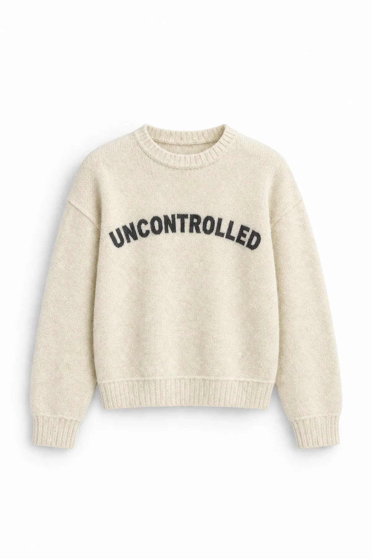 Uncontrolled - Ekru - Bisiklet Yaka - Oversize Fit - Pamuklu Erkek Kazak