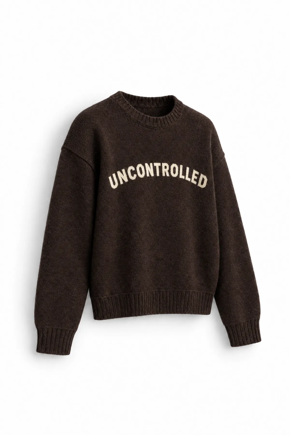 Uncontrolled - Kahverengi - Bisiklet Yaka - Oversize Fit - Pamuklu Erkek Kazak