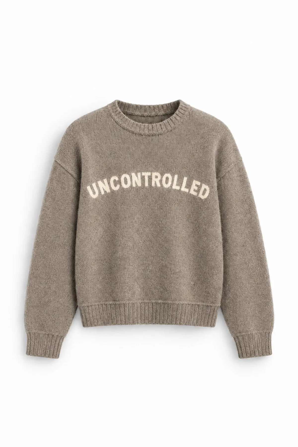 Uncontrolled - Bej - Bisiklet Yaka - Oversize Fit - Pamuklu Erkek Kazak
