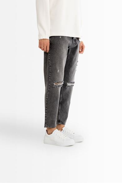 York Gri Yırtıklı Boyfriend Denim Pantolon