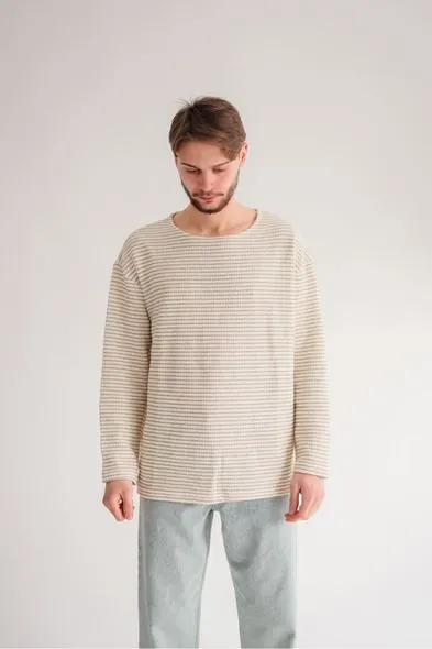 Vernier Bej Çizgili Uzun Kollu Erkek Tshirt