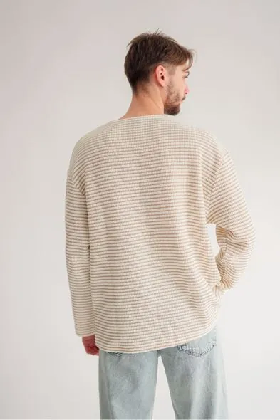 Vernier Bej Çizgili Uzun Kollu Erkek Tshirt