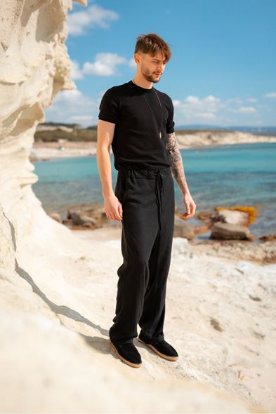 Santurino Duble Paça Siyah Keten Pantolon