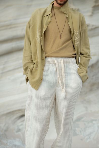 Lyros Haki Çizgili Müslin Pantolon