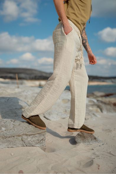 Lyros Haki Çizgili Müslin Pantolon