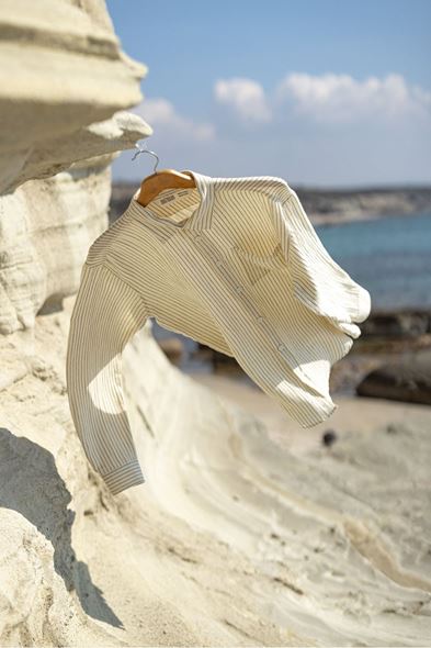 Mikonos Haki Çizgili %100 Pamuk Erkek Gömlek