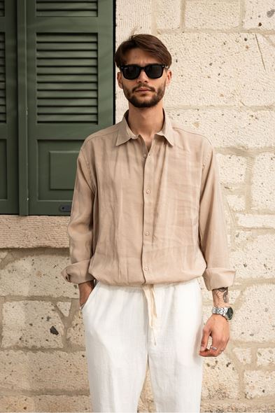 Velato Bej Oversize Lyocell Gömlek