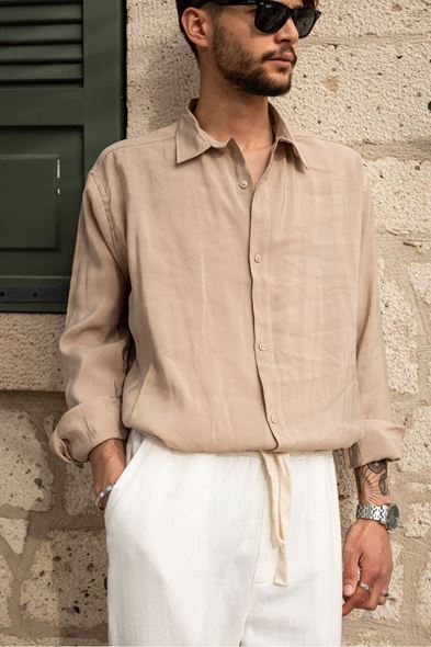 Velato Bej Oversize Lyocell Gömlek