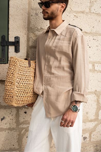 Velato Bej Oversize Lyocell Gömlek