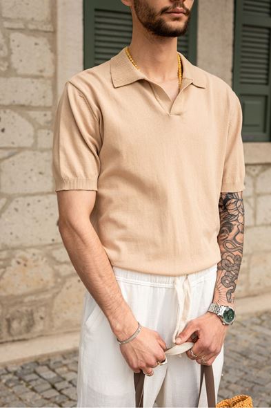 Alten Bej Polo Yaka %100 Pamuk Triko Erkek Tshirt