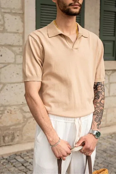 Alten Bej Polo Yaka %100 Pamuk Triko Erkek Tshirt